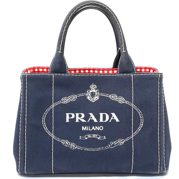 Prada Canapa Tote Bag Gingham Check Canvas 2WAY Blue - Picture 1 of 16